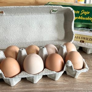 trzy pudełka jajek na blacie