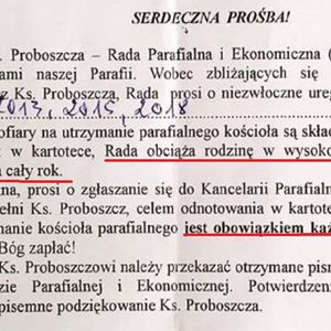 Proboszcz z Bydgoszczy domaga się „dobrowolnej” ofiary w wysokości 400 zł od emerytki