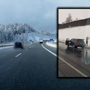 zimowa sesja na poboczu autostrady