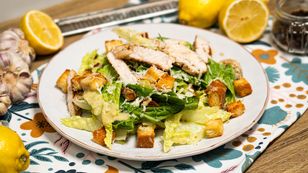 Caesar salad with homemade dressing, chicken and crispy croutons