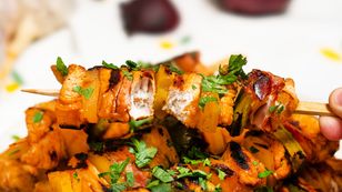 Chicken, bacon and pineapple skewers with sweet-salty marinade