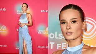 Natalia Szroeder w błękicie gra nogą na Polsat Hit Festiwal. Klasa? (ZDJĘCIA)