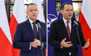 Sikorski uderza w Nawrockiego. Zwrócił uwagę na flagi za plecami