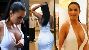 Kim Kardashian i jej ogromny dekolt WALCZĄ Z GRAWITACJĄ na shoppingu w Rzymie (ZDJĘCIA)