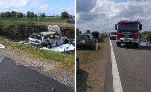 Kolizja na S7 pod Kmiecinem. Zderzyły się cztery auta, jedno spłonęło