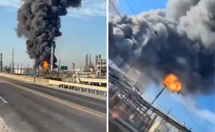 Eksplozja w rafinerii Valero w Port Arthur. Widać słup ognia