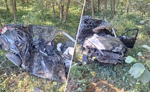 Okropny wypadek pod Tarnowem. Z auta praktycznie nic nie zostało