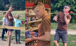 Marcin Mroczek puszcza z synami samoloty. Po zabawie panowie zaopatrzyli się w parówki i słodycze. Tata na medal? (ZDJĘCIA)