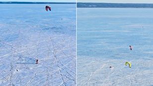 Zalew Wiślany pokrył lód. Narciarze "łapali wiatr w żagle"
