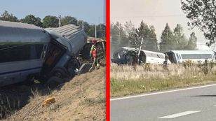 Tak wygląda scena po wypadku. Pociąg zderzył się z ciężarówką