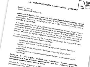 Apel o solidarność mediów w obliczu działań typu SLAPP