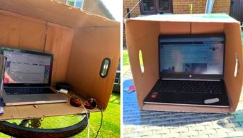 Za pomocą starego kartonu możesz zrobić ogrodowe home office na lato i korzystać ze słońca