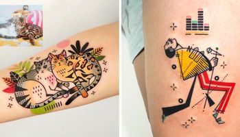 25 barwnych tatuaży ludzi i zwierząt, które wyglądają jak komiksowe rysunki!