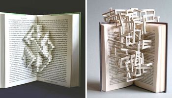 15 książkowych rzeźb, które powstały z połączonych na nowo zdań. Wyglądają jak labirynty i rusztowania