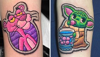 23 barwne tatuaże, które wyglądają jak haftowane naszywki na stałe przyczepione do skóry