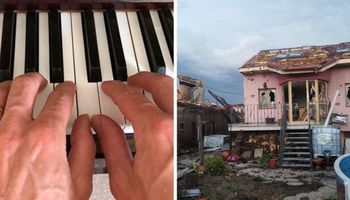 Gra na pianinie przed ruinami swojego domu. To jedyne co mu zostało!