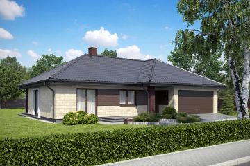 Projekt domu TK32 - parterowy dom o powierzchni 130,49 m², dach wielospadowy, koszt budowy 389 000 zł - ujęcie frontu