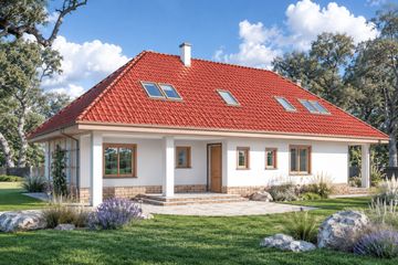 Projekt domu Fiona wersja B - parterowy z poddaszem dom o powierzchni 169,60 m², dach kopertowy, koszt budowy 442 000 zł - ujęcie frontu
