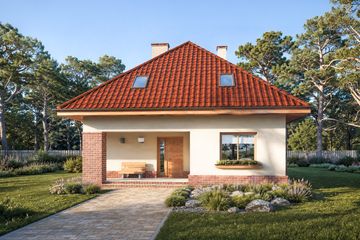 Projekt domu Salma - parterowy z poddaszem dom o powierzchni 150,60 m², dach kopertowy, koszt budowy 389 000 zł - ujęcie frontu