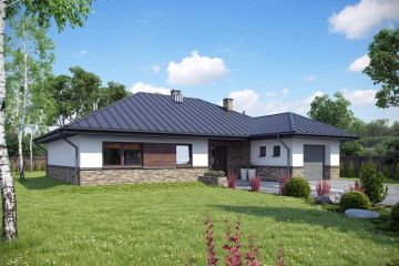 Projekt domu TK36 - parterowy dom o powierzchni 135,51 m², dach kopertowy, koszt budowy 381 000 zł - ujęcie frontu