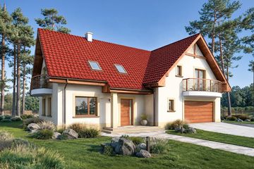 Projekt domu Klaudia 2rodziny - parterowy z poddaszem dom o powierzchni 265,80 m², dach czterospadowy, koszt budowy 345 000 zł - ujęcie frontu