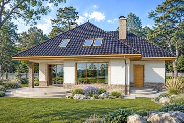 Projekt domu Syntia wersja C - parterowy z poddaszem dom o powierzchni 160,35 m², dach kopertowy - ujęcie 2