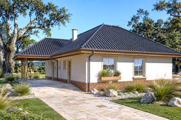 Projekt domu Olga - parterowy dom o powierzchni 116,70 m², dach czterospadowy, koszt budowy 371 000 zł - ujęcie frontu