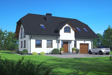 Projekt domu Firlejów - parterowy z poddaszem dom o powierzchni 148,99 m², dach naczółkowy, koszt budowy 392 000 zł - ujęcie frontu