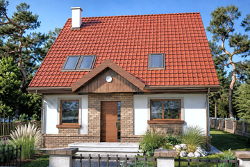 Projekt domu Melka - parterowy z poddaszem dom o powierzchni 146,70 m², dach dwuspadowy, koszt budowy 376 000 zł - ujęcie frontu