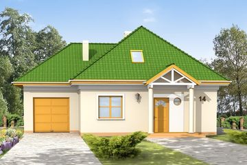 Projekt domu Mazurek 2 - parterowy z poddaszem dom o powierzchni 119,84 m², dach wielospadowy, koszt budowy 325 000 zł - ujęcie frontu