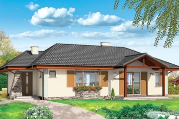 Projekt domu D05 - parterowy dom o powierzchni 109,01 m², dach wielospadowy, koszt budowy 312 000 zł - ujęcie frontu