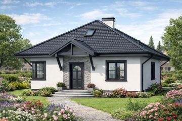 Projekt domu Ambrozja - parterowy dom o powierzchni 65,68 m², dach kopertowy, koszt budowy 190 000 zł - ujęcie frontu