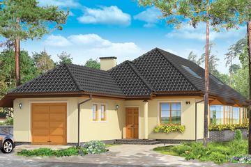 Projekt domu Jamnik 3 - parterowy z poddaszem dom o powierzchni 168,28 m², dach wielospadowy, koszt budowy 458 000 zł - ujęcie frontu