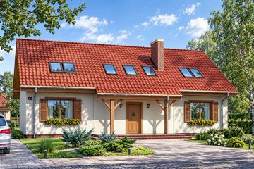 Projekt domu Iskierka - parterowy z poddaszem dom o powierzchni 170,92 m², dach dwuspadowy, koszt budowy 432 000 zł - ujęcie frontu