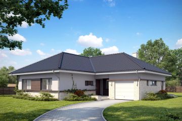 Projekt domu TK29 - parterowy dom o powierzchni 161,70 m², dach czterospadowy, koszt budowy 457 000 zł - ujęcie frontu