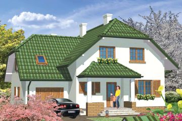 Projekt domu APS 078 - parterowy z poddaszem dom o powierzchni 148,30 m², dach naczółkowy, koszt budowy 398 000 zł - ujęcie frontu
