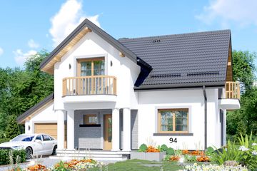 Projekt domu APS 094 - parterowy z poddaszem dom o powierzchni 111,10 m², dach dwuspadowy, koszt budowy 303 000 zł - ujęcie frontu