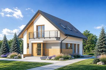 Projekt domu Amelia - parterowy z poddaszem dom o powierzchni 137,15 m², dach dwuspadowy, koszt budowy 356 000 zł - ujęcie frontu