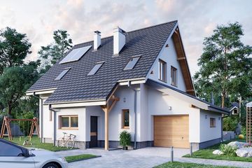 Projekt domu Krab Neo (1164) - parterowy z poddaszem dom o powierzchni 104,30 m², dach dwuspadowy, koszt budowy 287 000 zł - ujęcie frontu