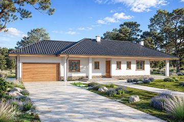 Projekt domu Fiona z garażem - parterowy dom o powierzchni 103,60 m², dach kopertowy, koszt budowy 313 000 zł - ujęcie frontu
