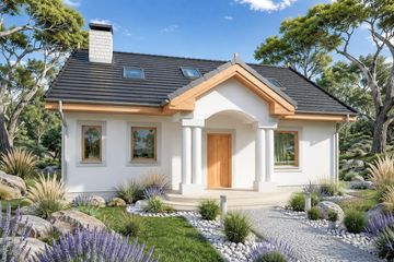 Projekt domu Wrzos 1c-1g - parterowy z poddaszem dom o powierzchni 110,40 m², dach dwuspadowy, koszt budowy 312 000 zł - ujęcie frontu