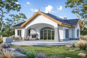 Projekt domu Arabella 2a - parterowy dom o powierzchni 207,50 m², dach namiotowy, koszt budowy 648 000 zł - ujęcie frontu