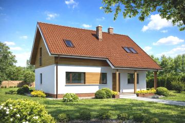 Projekt domu TK55 - parterowy z poddaszem dom o powierzchni 122,80 m², dach dwuspadowy, koszt budowy 317 000 zł - ujęcie frontu