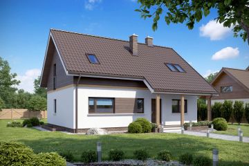 Projekt domu TK55P - parterowy z poddaszem dom o powierzchni 194,94 m², dach dwuspadowy, koszt budowy 490 000 zł - ujęcie frontu