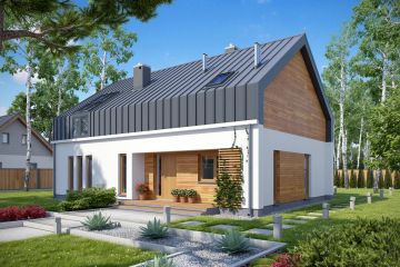 Projekt domu TK58 - parterowy z poddaszem dom o powierzchni 159,52 m², dach dwuspadowy, koszt budowy 408 000 zł - ujęcie frontu