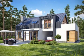 Projekt domu TK59 - parterowy z poddaszem dom o powierzchni 159 m², dach dwuspadowy, koszt budowy 431 000 zł - ujęcie frontu