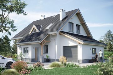 Projekt domu Krab Alfa (1208) - parterowy z poddaszem dom o powierzchni 116,70 m², dach dwuspadowy, koszt budowy 317 000 zł - ujęcie frontu