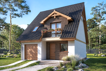 Projekt domu Malwina - parterowy z poddaszem dom o powierzchni 114,90 m², dach dwuspadowy, koszt budowy 300 000 zł - ujęcie frontu