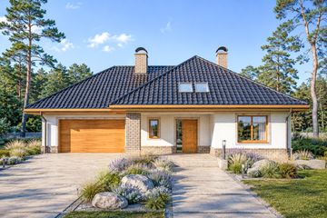 Projekt domu Syntia II wersja C - parterowy z poddaszem dom o powierzchni 160,35 m², dach kopertowy, koszt budowy 430 000 zł - ujęcie frontu
