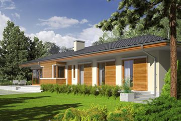 Projekt domu Bil II - parterowy dom o powierzchni 112,68 m², dach kopertowy, koszt budowy 347 000 zł - ujęcie frontu